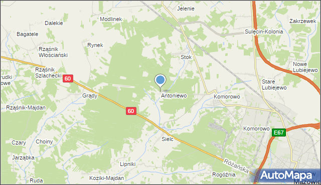 mapa Antoniewo, Antoniewo gmina Ostrów Mazowiecka na mapie Targeo